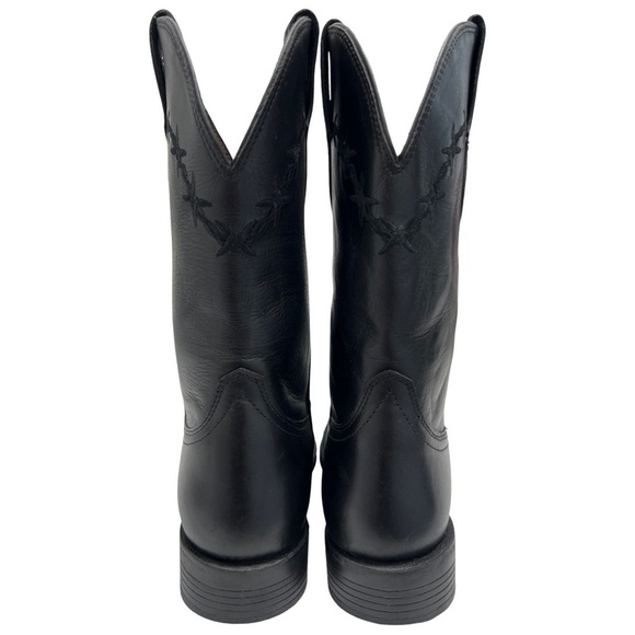 Black Leather Cowboy Cowgirl Western Barbed Wire Square Toe Treaded Work Boots - Picture 4 of 9